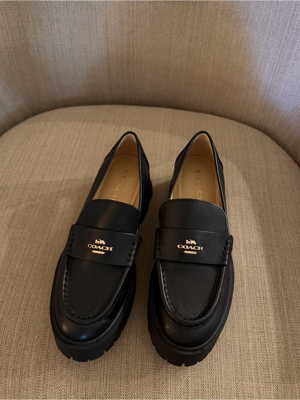 Coach Black Leather Logo Penny Loafers